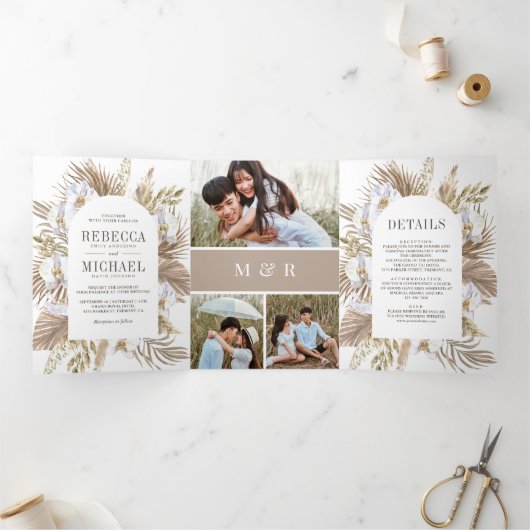 Boho Pampas White Orchid Dried Palm Wedding Drieluik Uitnodiging (Binnen)