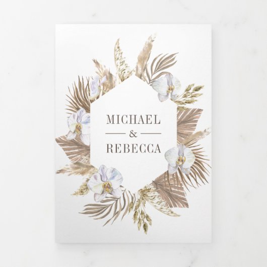 Boho Pampas White Orchid Dried Palm Wedding Drieluik Uitnodiging (Cover)
