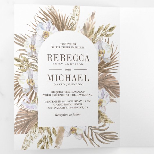 Boho Pampas White Orchid Dried Palm Wedding Drieluik Uitnodiging (Binnenzijde eerst)