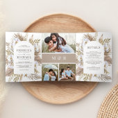 Boho Pampas White Orchid Dried Palm Wedding Drieluik Uitnodiging