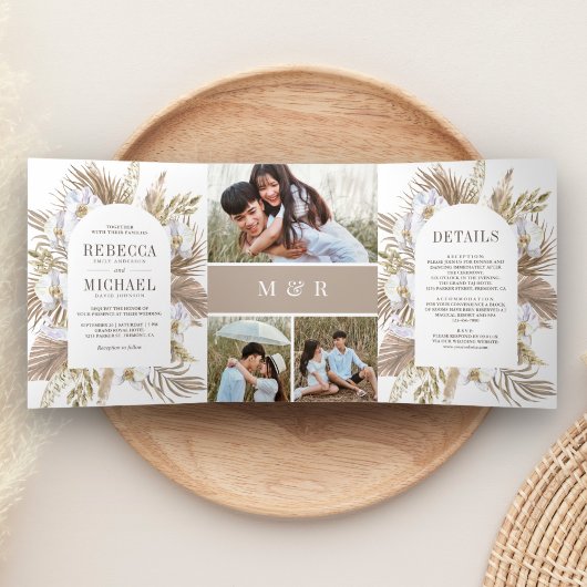 Boho Pampas White Orchid Dried Palm Wedding Drieluik Uitnodiging
