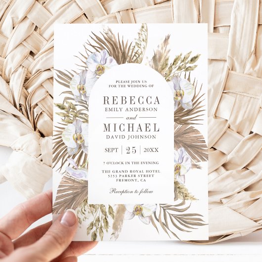 Boho Pampas White Orchid Dried Palm Wedding Kaart
