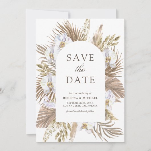 Boho Pampas White Orchid Dried Palm Wedding Save The Date (Voorkant)