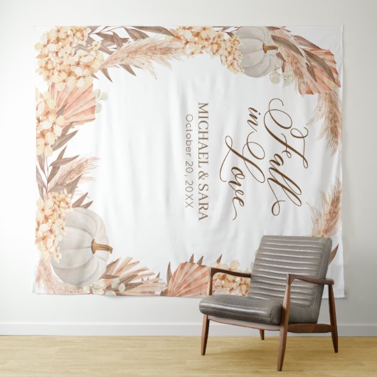 Boho Pampas White Pumpkin backdrop fall banner Wandkleed (In Situ (horizontaal))