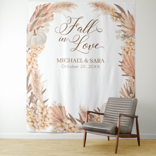 Boho Pampas White Pumpkin backdrop fall banner  Wandkleed (In situ)