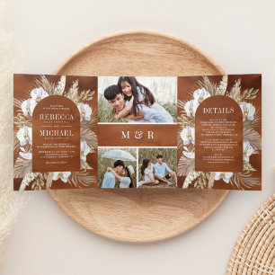 Boho Pampas Witte Orchidee Gedroogde Palm Aardse B Drieluik Uitnodiging