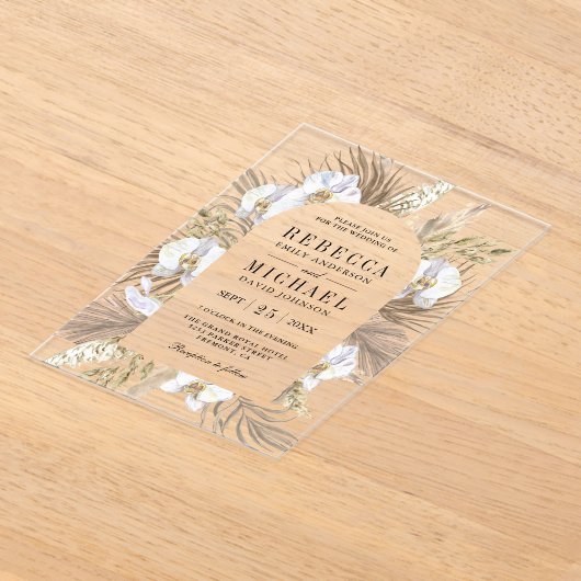 Boho Pampas Witte Orchidee Gedroogde Palm Bruiloft Acryl Uitnodigingen (Laagn)