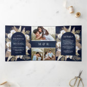 Boho Pampas Witte Orchidee Gedroogde Palm Navy Bru Drieluik Uitnodiging (Binnen)