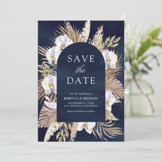 Boho Pampas Witte Orchidee Marine Blauwe Huwelijk Save The Date (Staand voorkant)