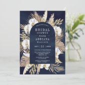 Boho Pampas Witte Orchidee Marineblauw Bruidsdouch Kaart (Staand voorkant)