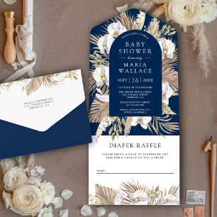 Boho Pampas Witte Orchidee Marineblauwe Baby Showe All In One Uitnodiging