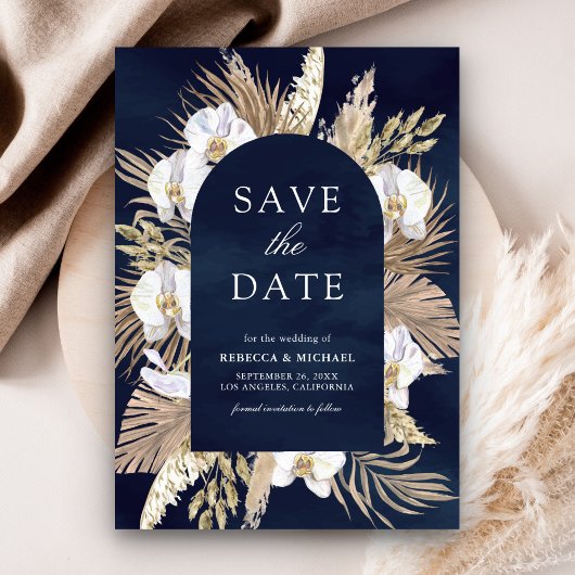 Boho Pampas Witte Orchidee Marineblauwe Trouw Save The Date