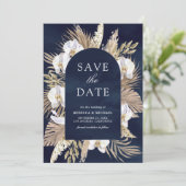 Boho Pampas Witte Orchidee Marineblauwe Trouw Save The Date (Staand voorkant)