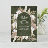 Boho Pampas Witte Orchidee Olijfgroene Bruiloft Kaart (Staand voorkant)