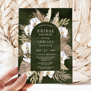 Boho Pampas Witte Orchidee Olijfgroene Bruiloft Kaart