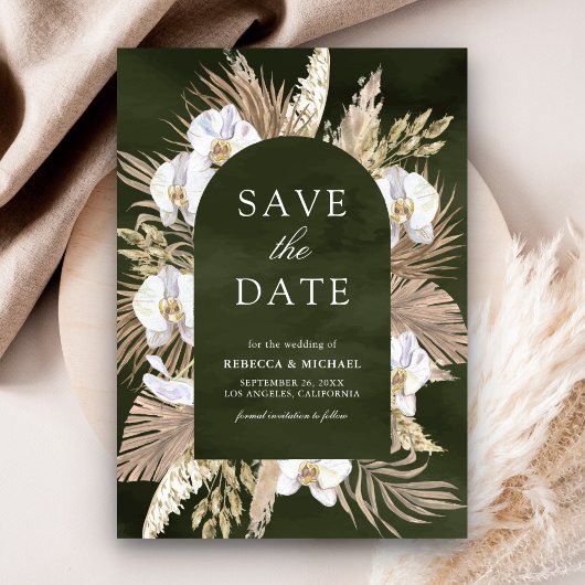 Boho Pampas Witte Orchidee Olijfgroene Trouwfeest Save The Date