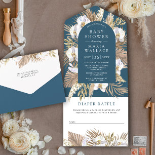 Boho Pampas Witte Orchidee Stofblauwe Baby Shower All In One Uitnodiging