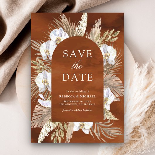 Boho Pampas Witte Orchidee Terracotta Bruiloft Save The Date