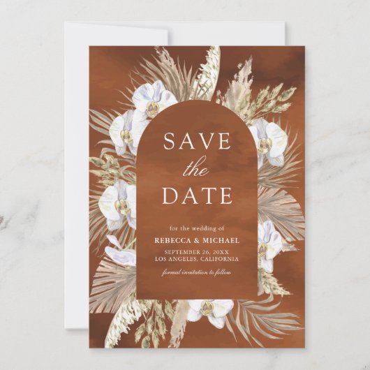 Boho Pampas Witte Orchidee Terracotta Huwelijk Save The Date (Voorkant)