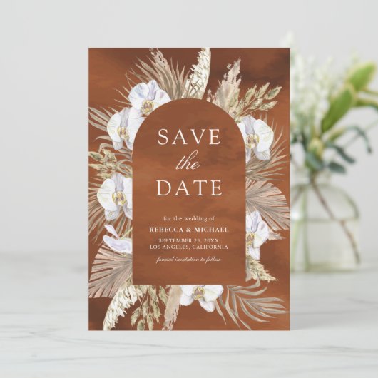 Boho Pampas Witte Orchidee Terracotta Huwelijk Save The Date (Staand voorkant)