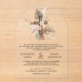 Boho Pampas Wood Cross Catholic Wedding Acryl Uitnodigingen (Voorkant)