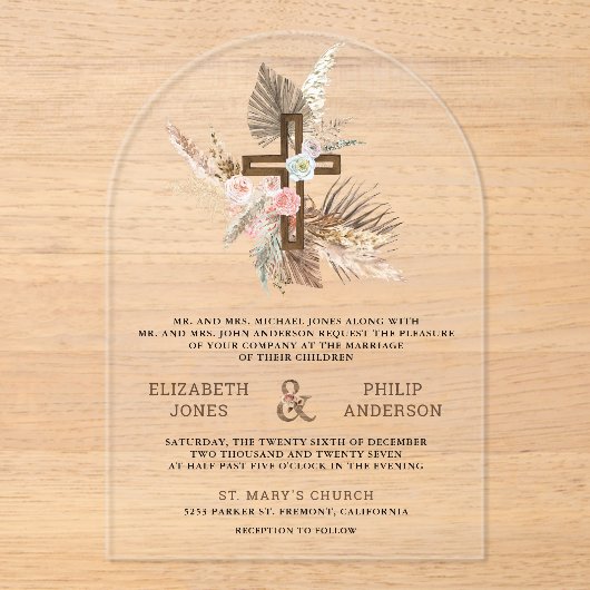 Boho Pampas Wood Cross Catholic Wedding Acryl Uitnodigingen (Voorkant)