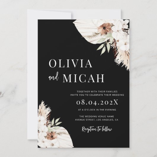 Boho pampa's zwarte bruiloft kaart (Voorkant)