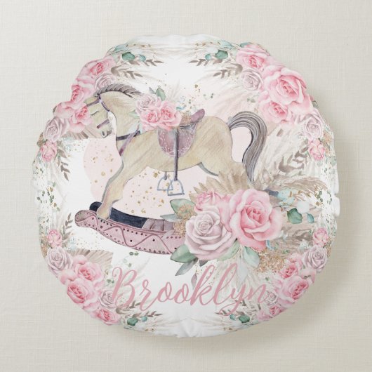 Boho Pampasgras Roze Bloemenschommelpaard Rond Kussen (Voorkant)