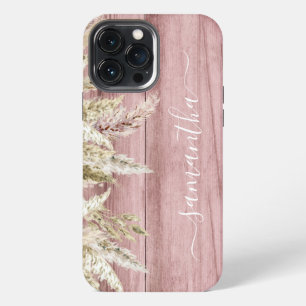 Boho Pampasgras Roze Hout Look Monogram  iPhone 13 Pro Max Hoesje