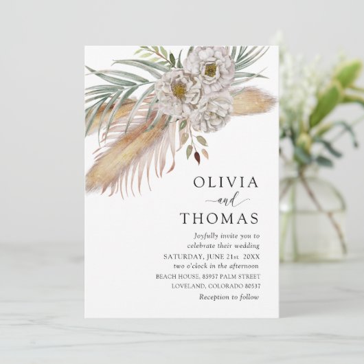 Boho Pampass & Floral Waterverf bruiloft Kaart (Staand voorkant)