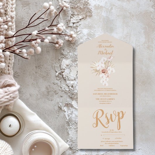 Boho Pampass gras Bloemen bruiloft All In One Uitnodiging