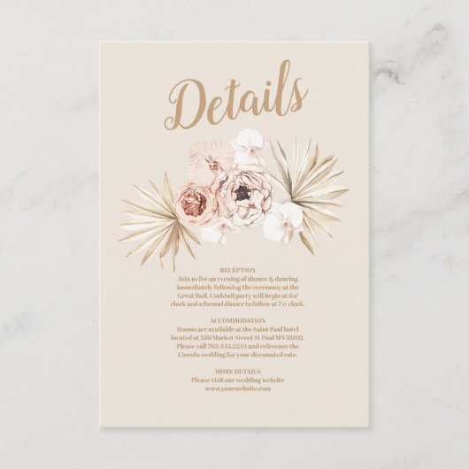 Boho Pampass gras Bloemen bruiloft Informatiekaartje (Voorkant)