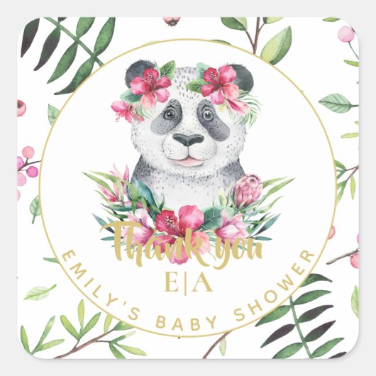 Boho Panda Beer Roze Bloemen Baby Shower Bedankt Vierkante Sticker (Voorkant)