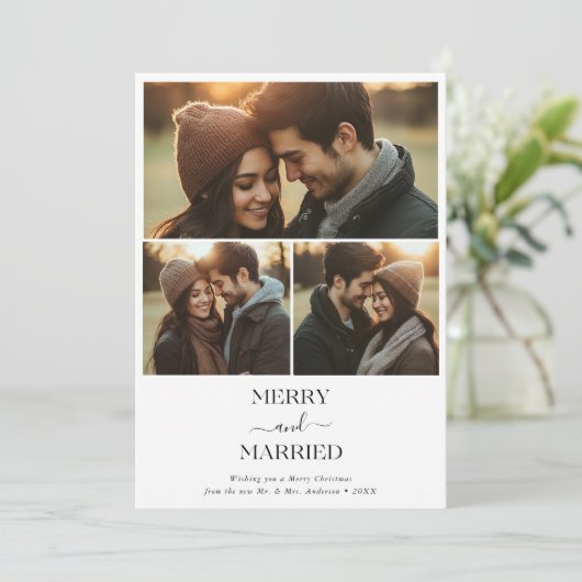 Boho Pas getrouwd Merry & Married Christmas 3 Foto Feestdagenkaart (Staand voorkant)