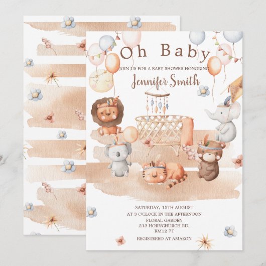 Boho pastel beesten mobiel baby shower Oh Baby Kaart (Voorkant / Achterkant)