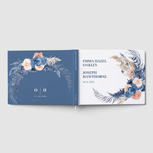 Boho pastel blauw & blush chique bruiloft gastenboek (Volledig)