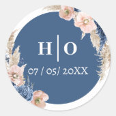 Boho pastel blauw & blush chique bruiloft ronde sticker (Voorkant)