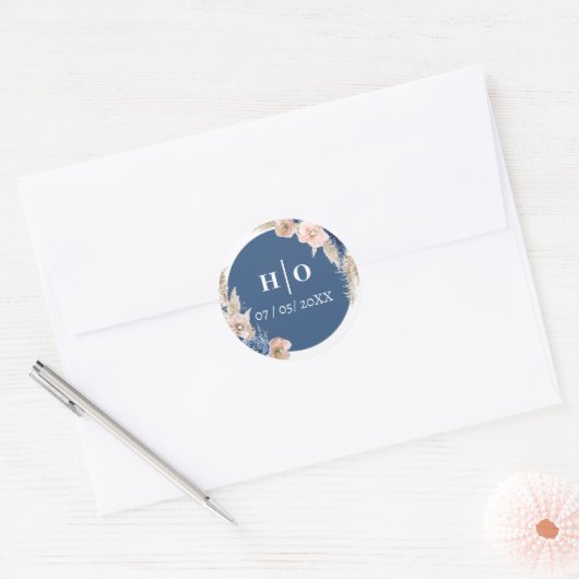 Boho pastel blauw & blush chique bruiloft ronde sticker (Envelop)