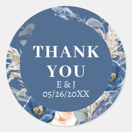 Boho pastel blauw & blush chique bruiloft ronde sticker (Voorkant)