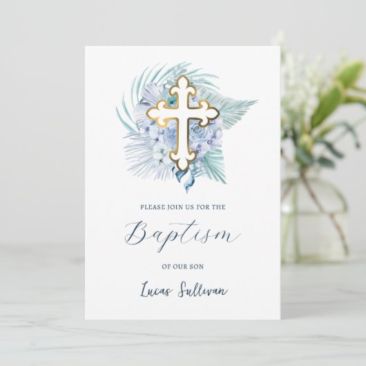 Boho Pastel Blauw Boeket Doop Kaart (Staand voorkant)