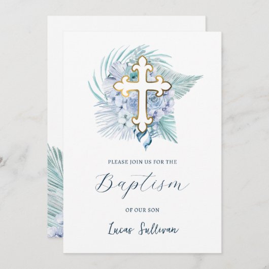 Boho Pastel Blauw Boeket Doop Kaart (Voorkant / Achterkant)