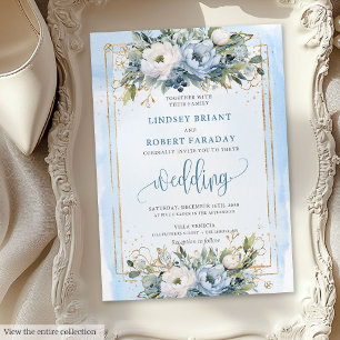 Boho Pastel Blauw Gouden Bloemen Huwelijksuitnodig Kaart