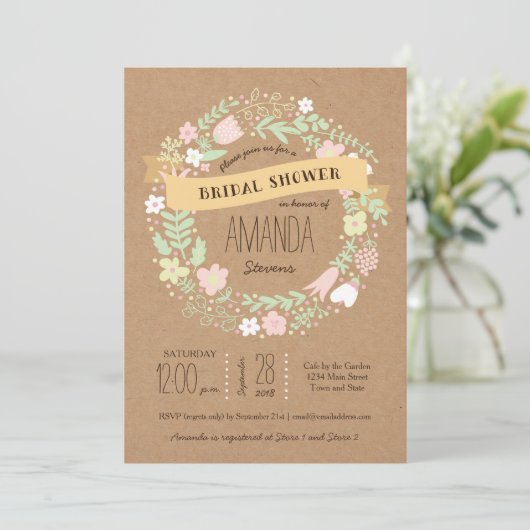 Boho pastel bloemenkrans rustieke bruiloft kaart (Staand voorkant)