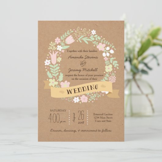 Boho pastel bloemenkrans rustieke bruiloft kaart (Staand voorkant)