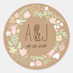 Boho pastel bloemenkrans rustieke bruiloft ronde sticker