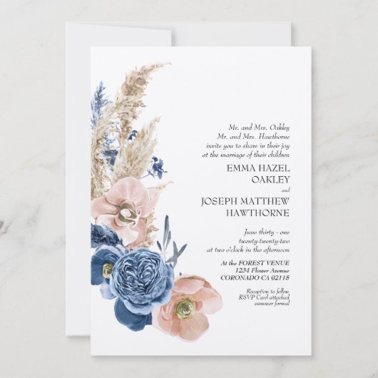 Boho pastel blue en blush chic floral Wedding Kaart (Voorkant)