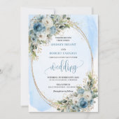 Boho Pastel Blue Floral Glitter wedding invite Kaart (Voorkant)