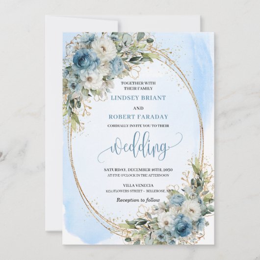Boho Pastel Blue Floral Glitter wedding invite Kaart (Voorkant)