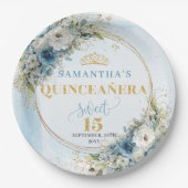 Boho Pastel Blue Flowers Gold Personalized Quince Papieren Bordje (Voorkant)