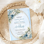 Boho Pastel Blue Flowers Gold Wedding Invitation Kaart